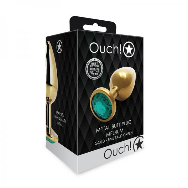 Shots Ouch! Round Gem Butt Plug Medium Gold/emerald Green