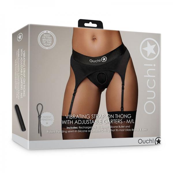 Shots Ouch! Vibrating Strap-on Thong With Adjustable Garters Black M/l