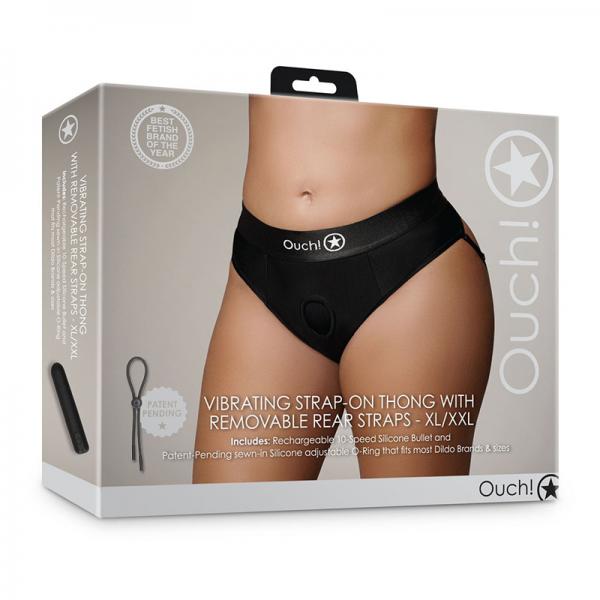 Shots Ouch! Vibrating Strap-on Thong With Removable Rear Straps Black Xl/2xl