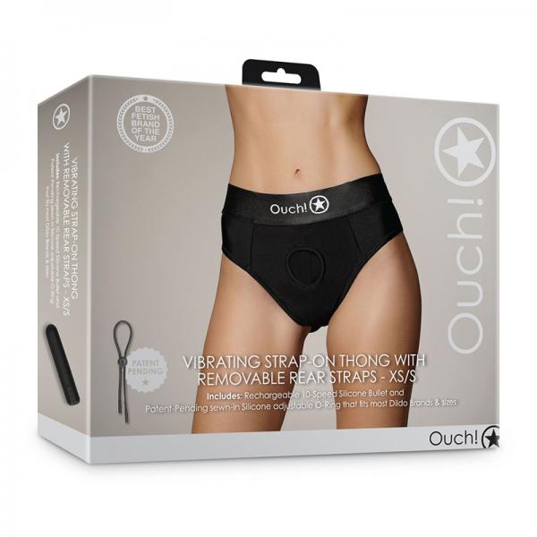 Shots Ouch! Vibrating Strap-on Thong With Removable Rear Straps Black Xs/s