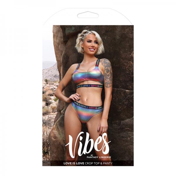 Fantasy Lingerie Vibes Love Is Love Underboob Cut Out Top & Cheeky Panty Rainbow Holo M/l