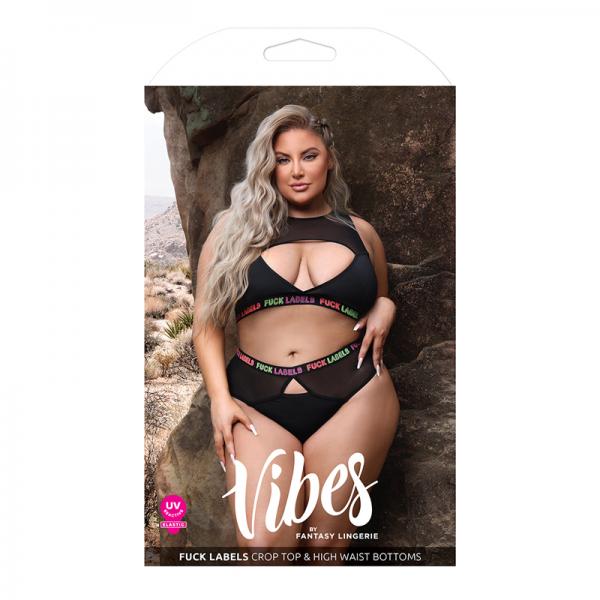 Fantasy Lingerie Vibes Fuck Labels Keyhole Top & High Waist Bottoms With Uv Reactive Elastic Black Q