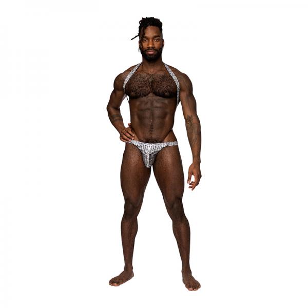 Male Power S'naked Shoulder Sling Harness Thong One-piece Silver/black L/xl