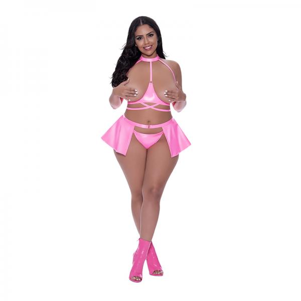 Magic Silk Hard Candy Halter Bra, Skirt & Thong Pink Queen Size