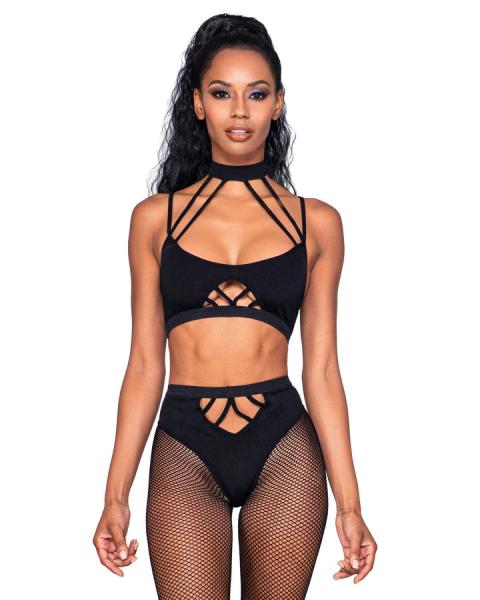 Strappy Bralette & Pantyhose 2pc Black O/s