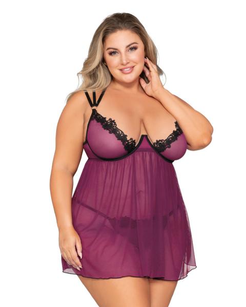 Stretch Mesh Babydoll W/ Contrast Lace Mulberry Q/s