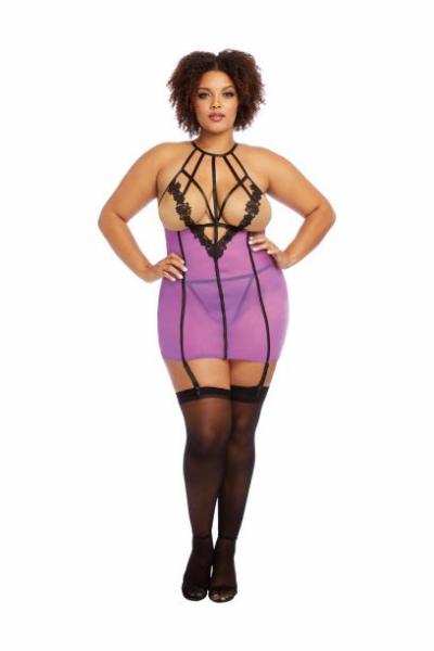 Stretch Mesh Garter Slip W/ Contrast Venise Trim Iris Queen