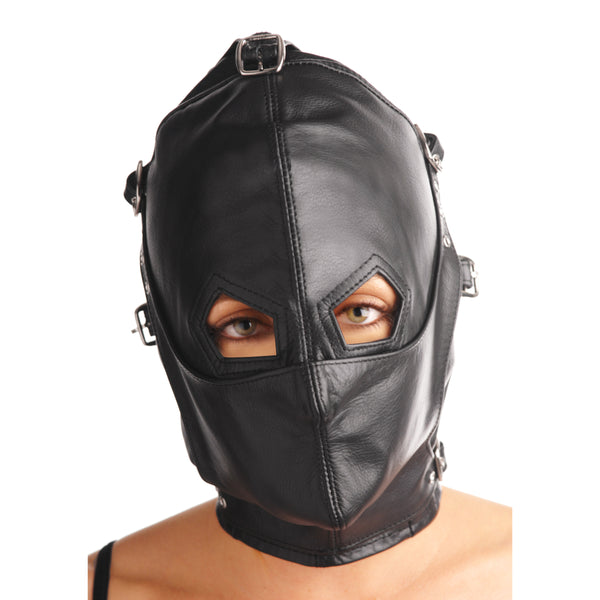 The Asylum Leather Hood With Removable Blindfold And Muzzle- Ml