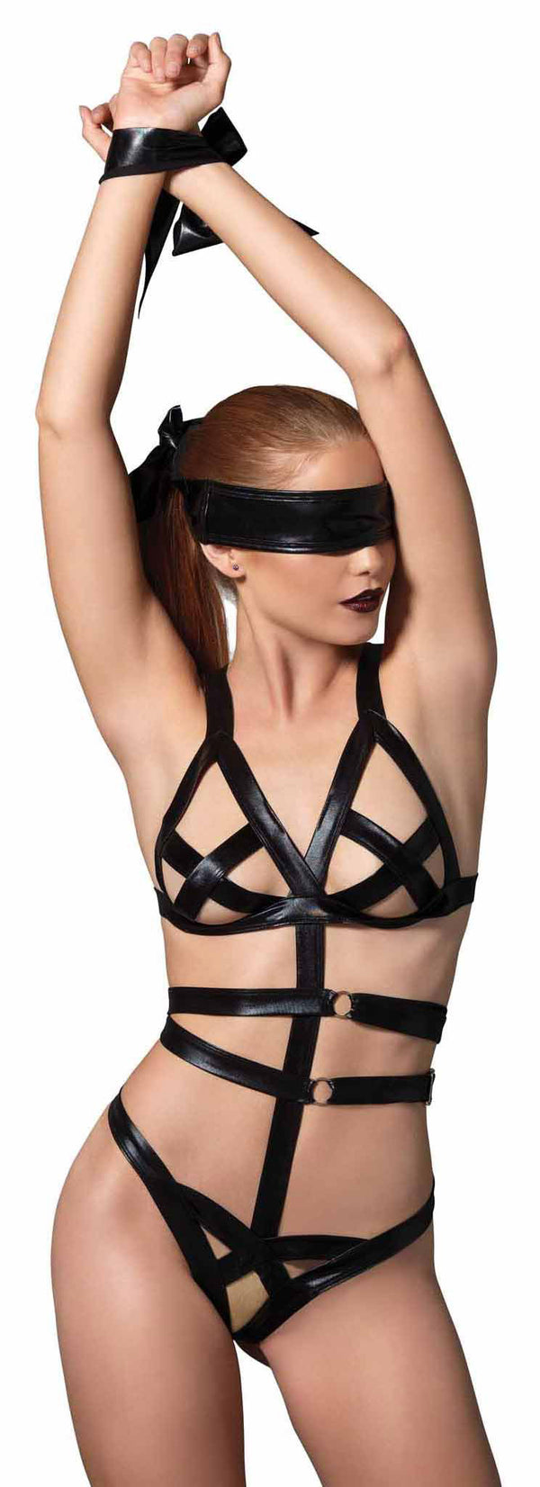 3 Piece Wet Look Bondage G-string Teddy With Restraints