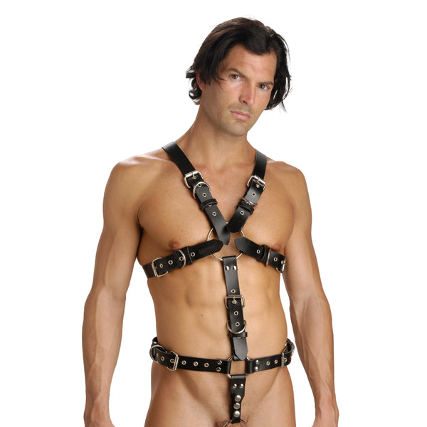 The Strict Leather Body Harness With Cock Ring - Medium Large